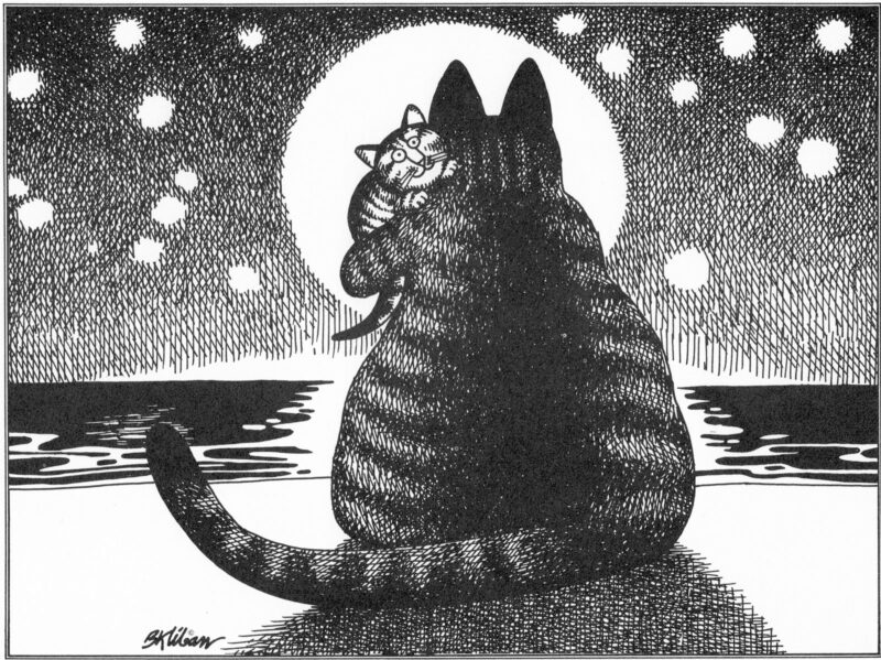 A large cat sits by the ocean under a full moon, cradling a kitten in its arms while stars fill the night sky.