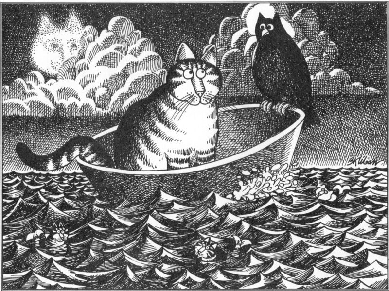 A cat and an owl sit in a boat on the ocean at night, with other cats floating in the waves and a cat face in the clouds.